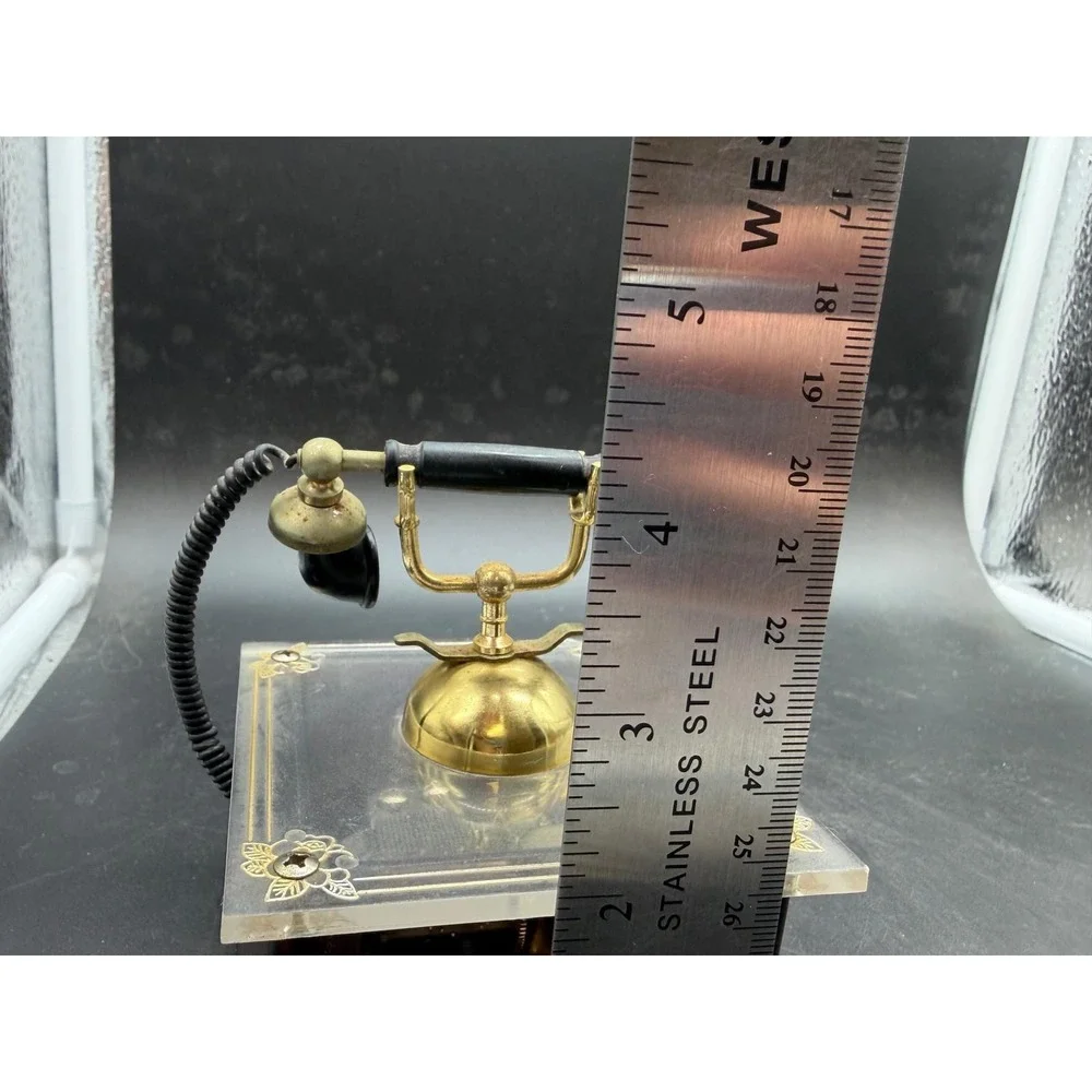 Vintage Sankyo Telephone Music Box Japan Clear Acrylic Gold Tone Wind Up Decor